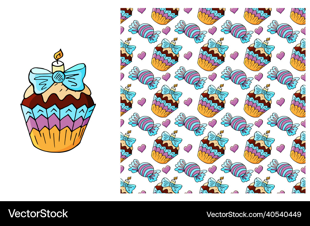Cupcake muffin set of element and seamless pattern Cupcake muffin set of element and seamless pattern Vector Image