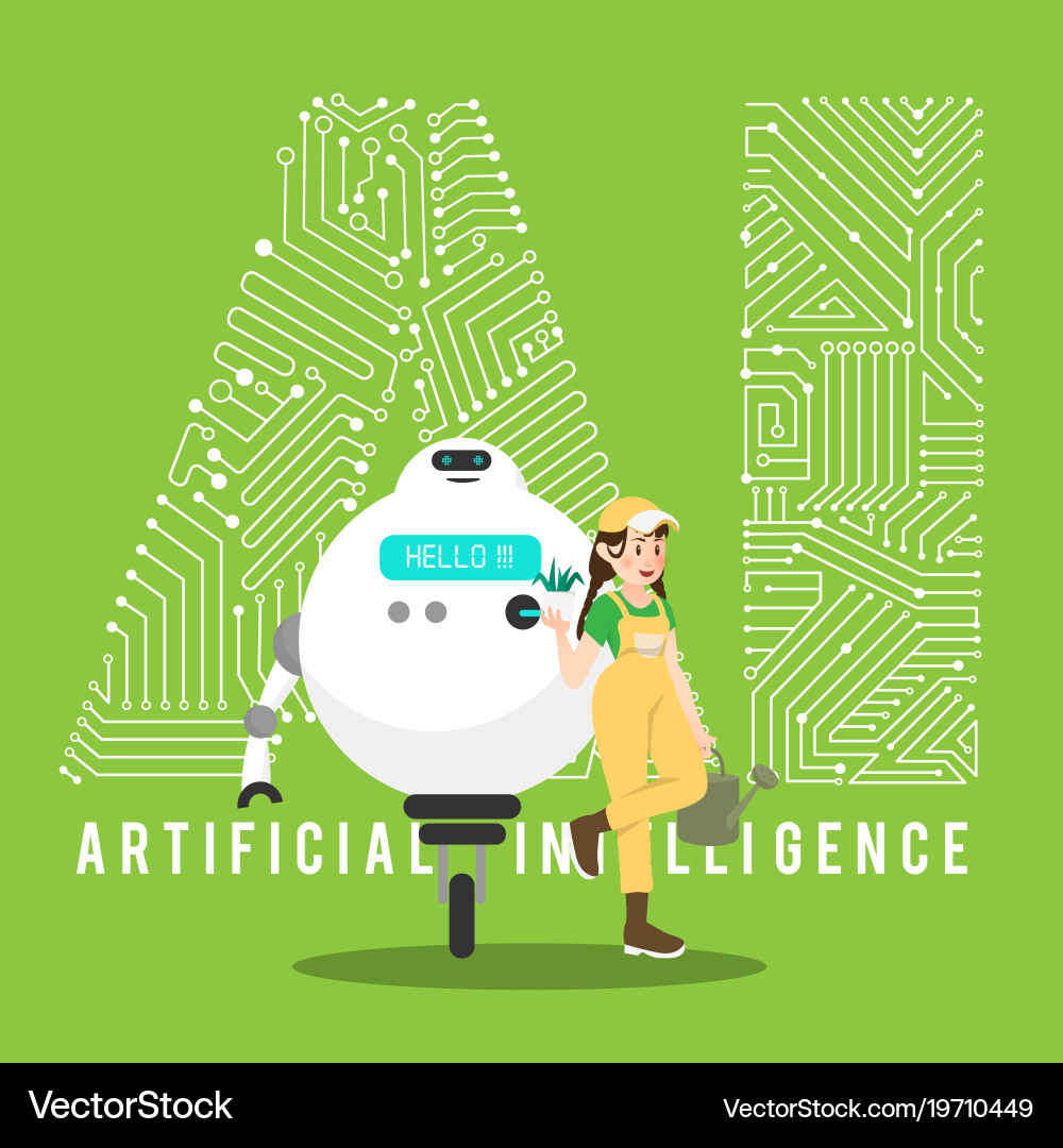 Gardener and robot with ai mechanism Vector Image