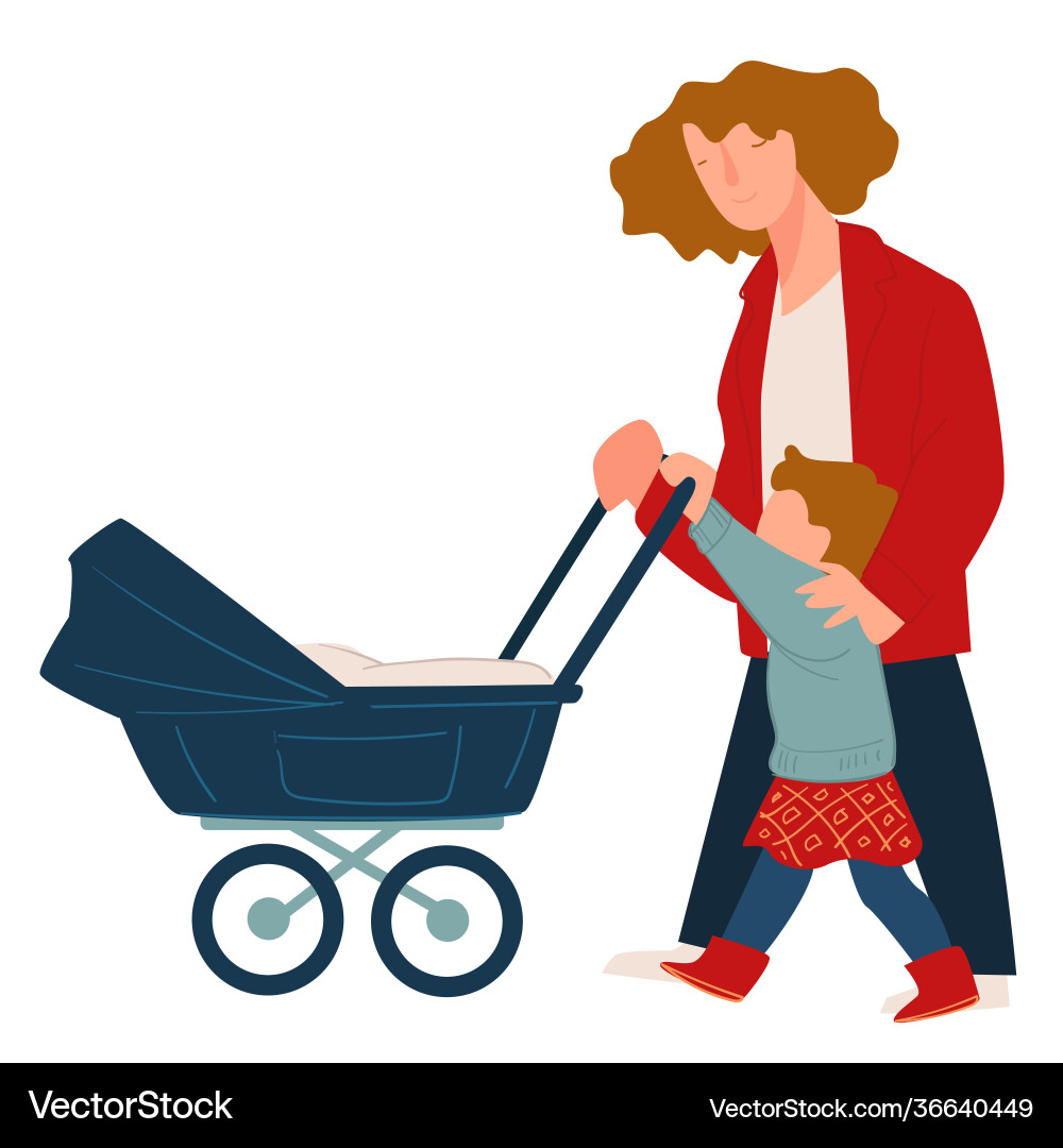 Mother strolling with toddler kid and newborn Mother strolling with toddler kid and newborn vector image