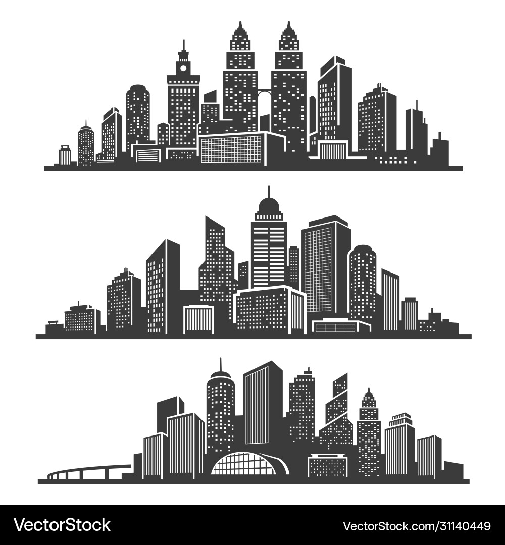 Set cityscape black silhouettes with buildings vector image