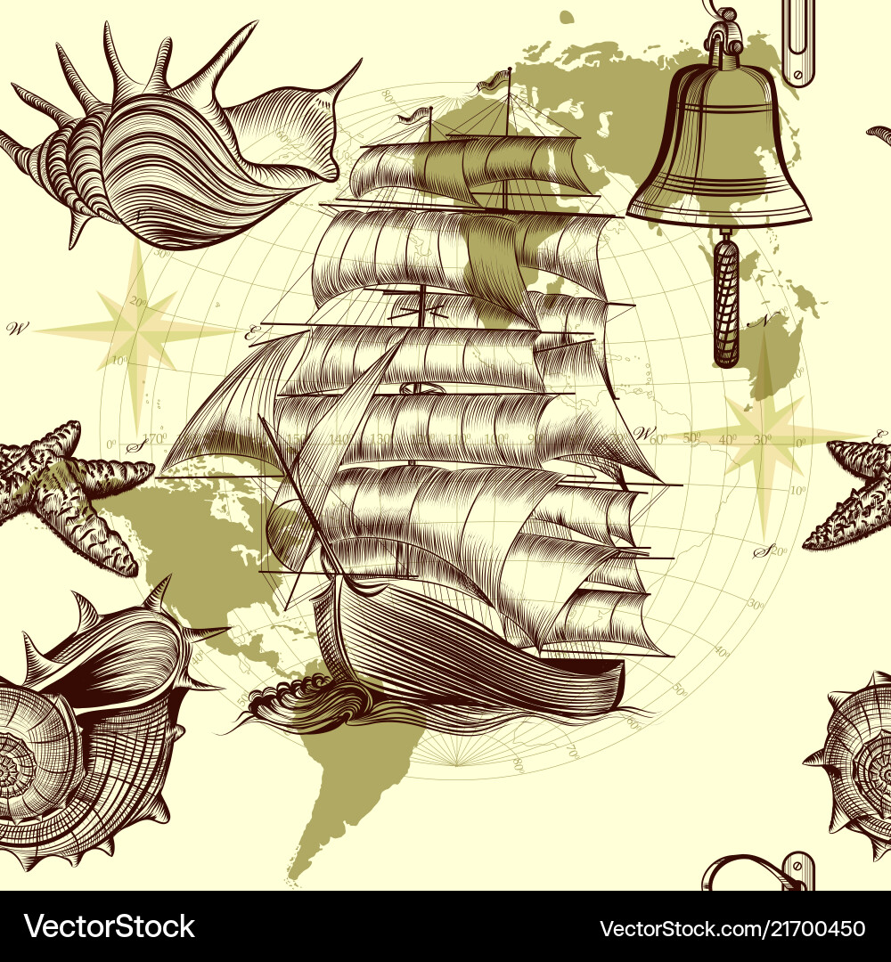 Antique pattern with ship shells and map vector image