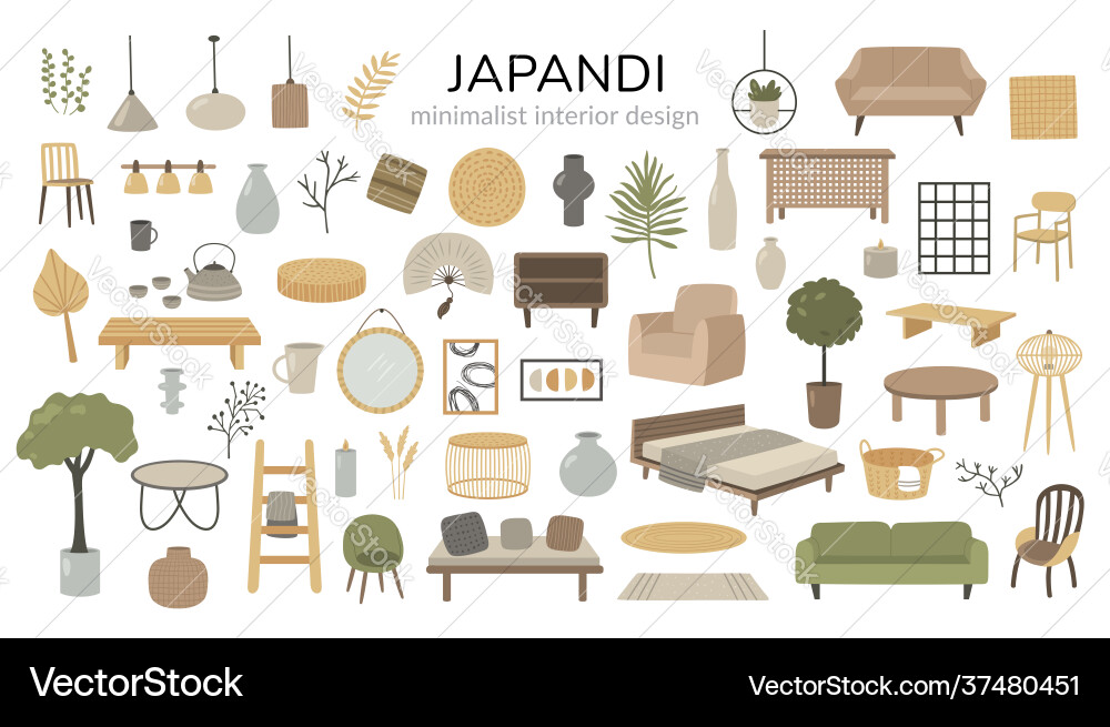 Set japandi interior design elements Set japandi interior design elements vector image