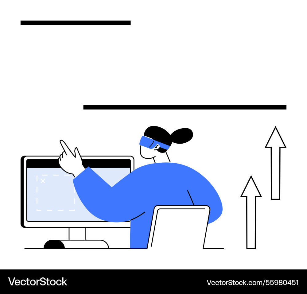 Woman analyzing data on computer with virtual Woman analyzing data on computer with virtual Vector Image