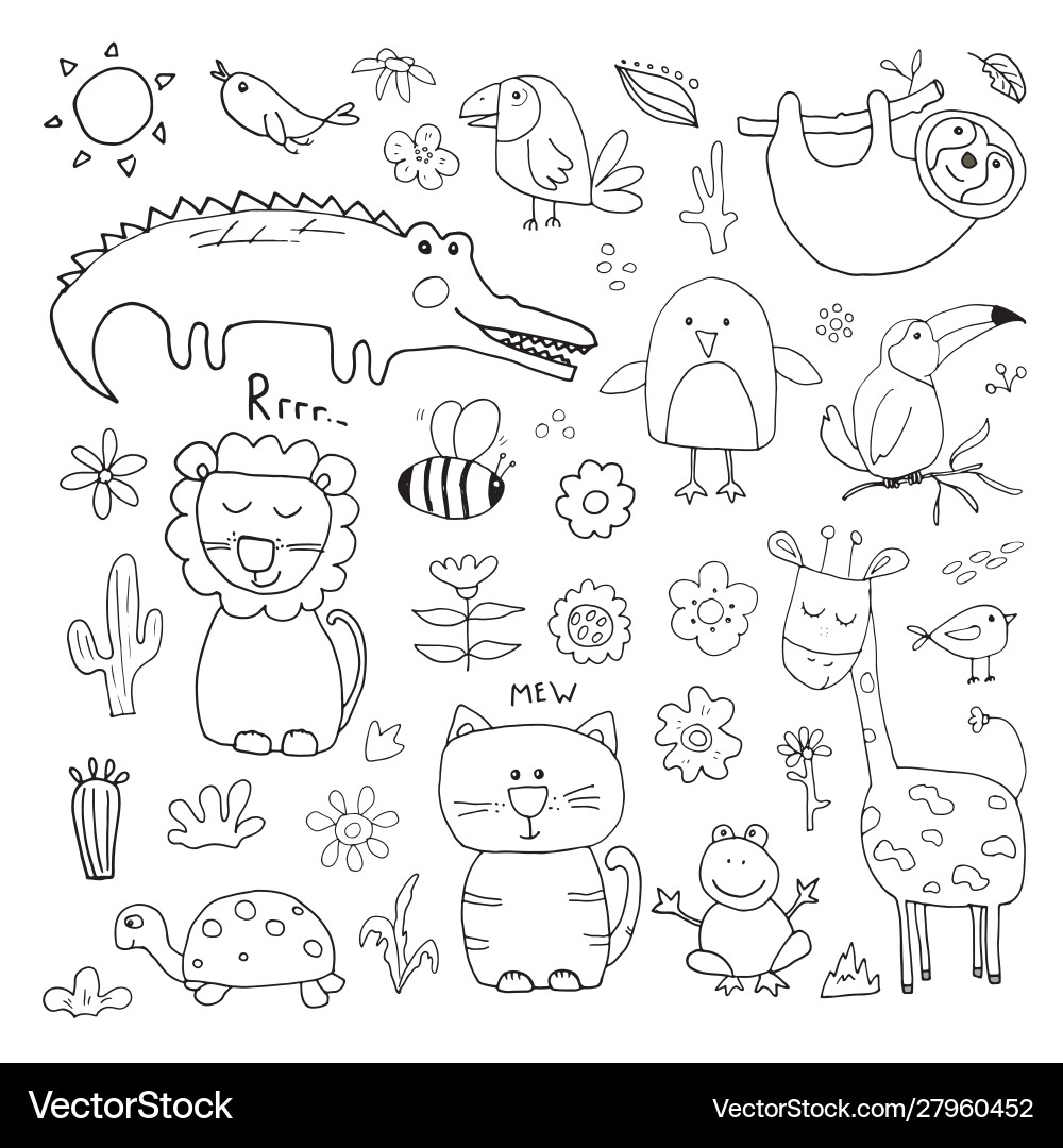 Animal doodles set cute animals sketch hand drawn Animal doodles set cute animals sketch hand drawn vector image