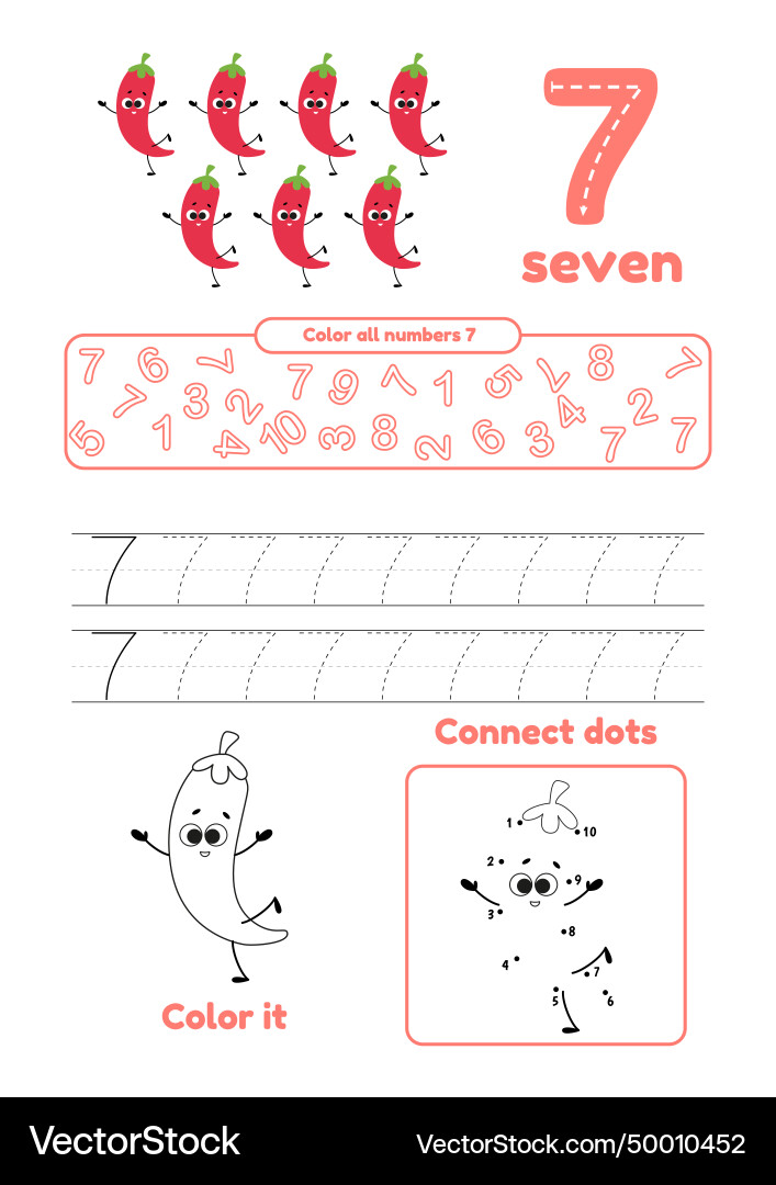 Color page dot to trace learn number 7 many Color page dot to trace learn number 7 many vector image