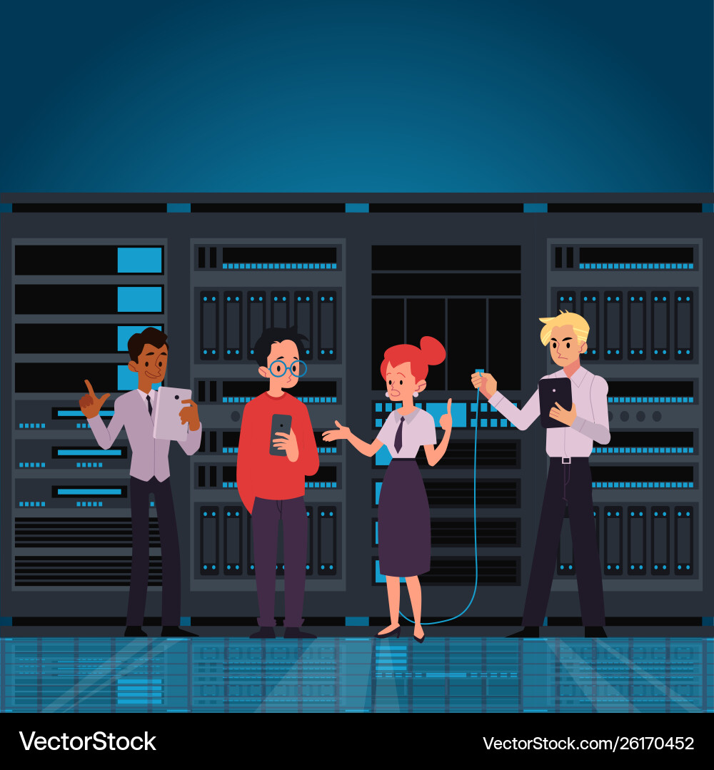 People working data center room or computer server People working data center room or computer server Vector Image