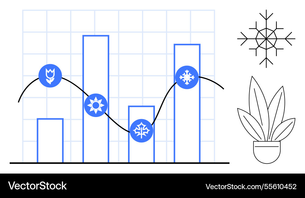 Seasonal data analysis with bar graph line chart Seasonal data analysis with bar graph line chart vector image