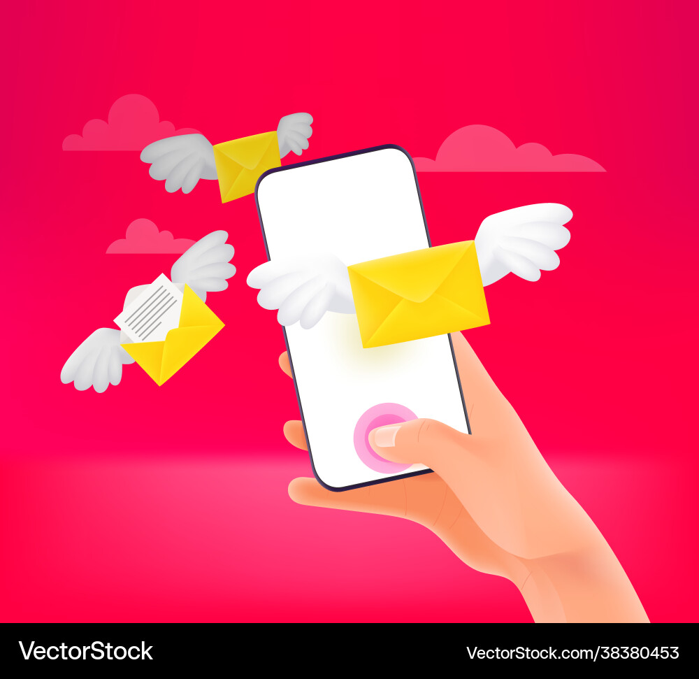 Sending emails via mobile phone 3d style concept vector image