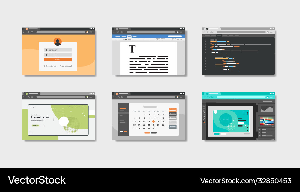Set landing pages website templates in web browser Set landing pages website templates in web browser vector image