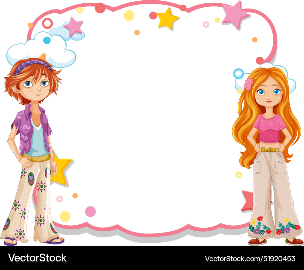 Two kids with a decorative star frame Two kids with a decorative star frame vector image