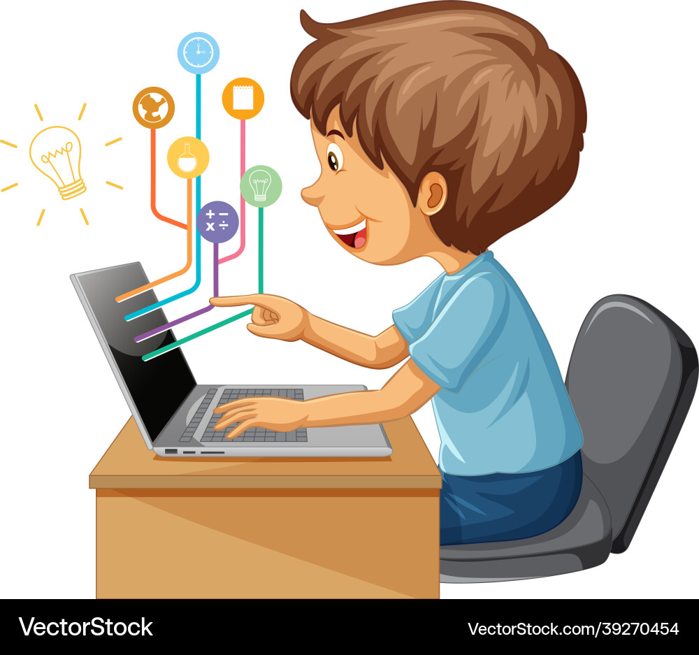A boy using laptop computer for distance learning A boy using laptop computer for distance learning vector image