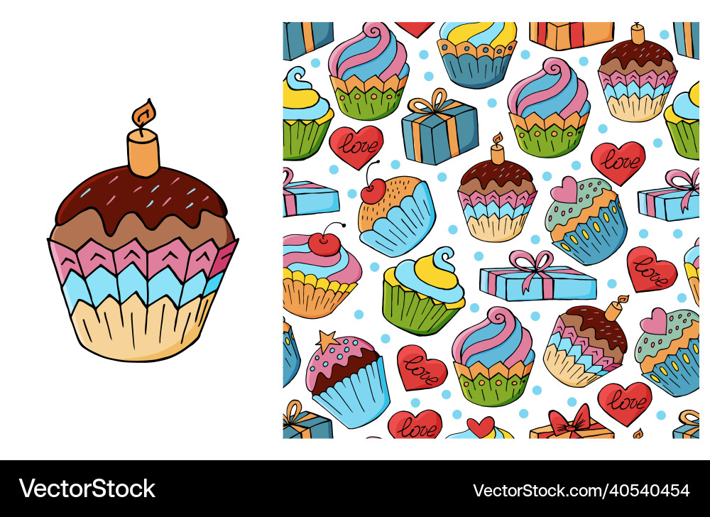 Cupcake muffin set of element and seamless pattern Cupcake muffin set of element and seamless pattern vector image