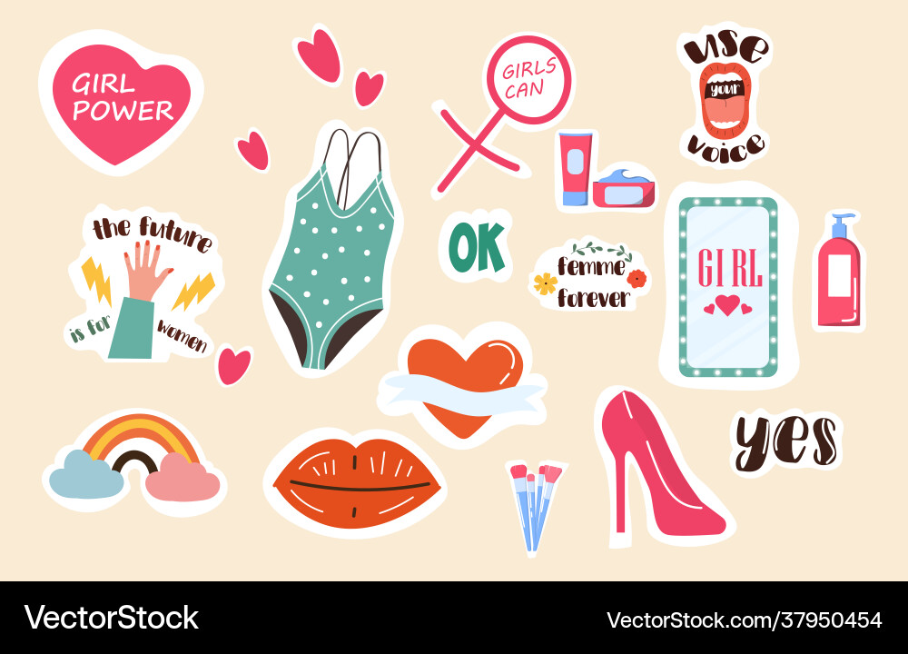 Set fashion patches femininity and girl power Set fashion patches femininity and girl power vector image
