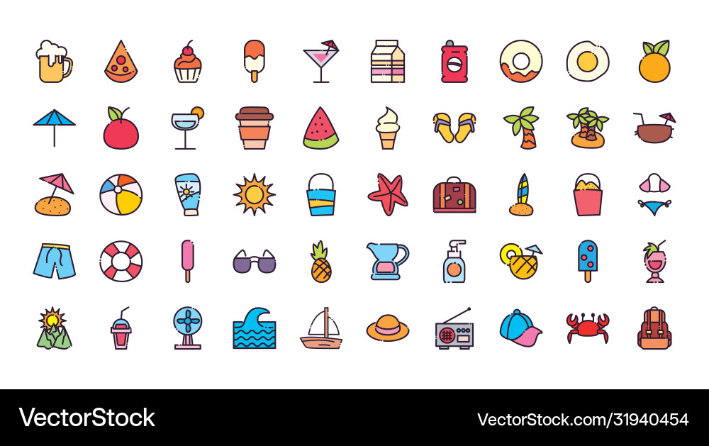 Summer fill and line style icon set design Summer fill and line style icon set design vector image