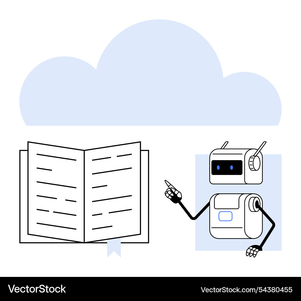 Cloud-based ai learning robot pointing to open Cloud-based ai learning robot pointing to open vector image
