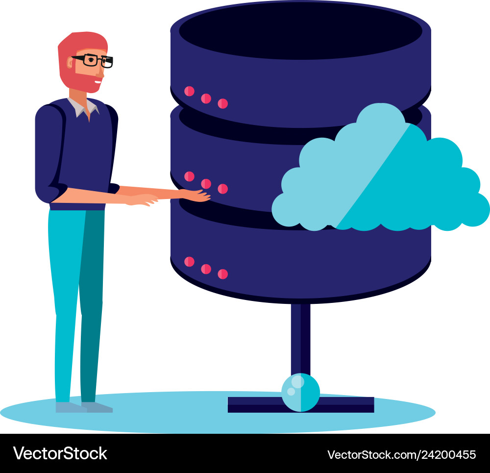 Data center disks with young man Data center disks with young man Vector Image