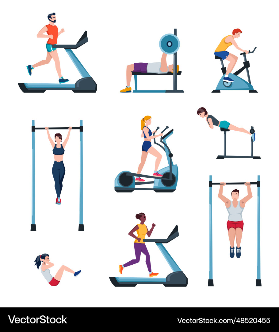 Gym characters set doing physical exercises Gym characters set doing physical exercises vector image