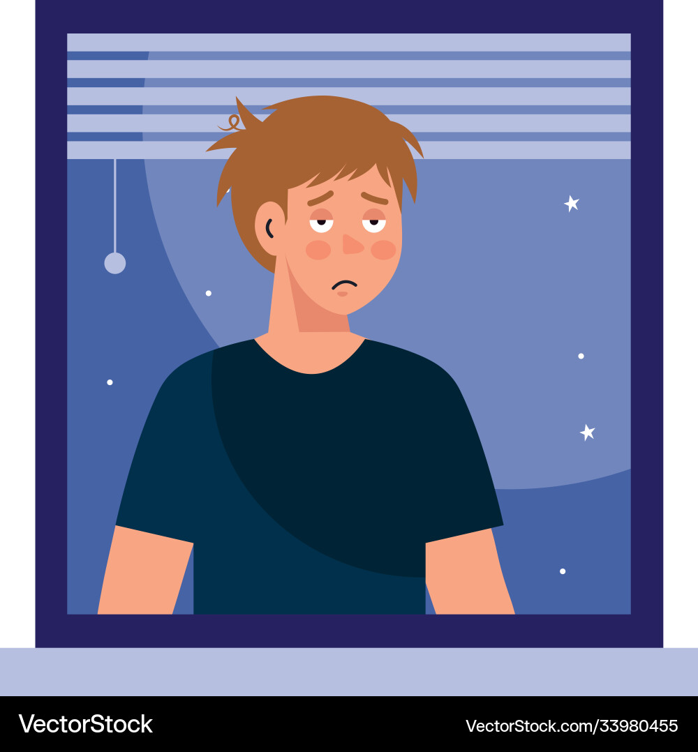 Man cartoon with insomnia in window design Man cartoon with insomnia in window design vector image
