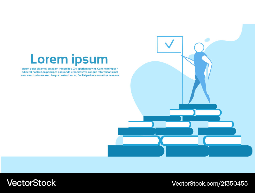 Man with flag on book stack success study concept Man with flag on book stack success study concept vector image