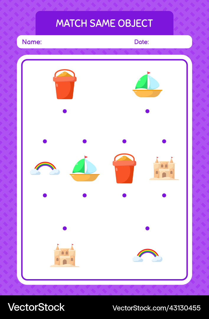 Match with same object game summer icon worksheet Match with same object game summer icon worksheet vector image