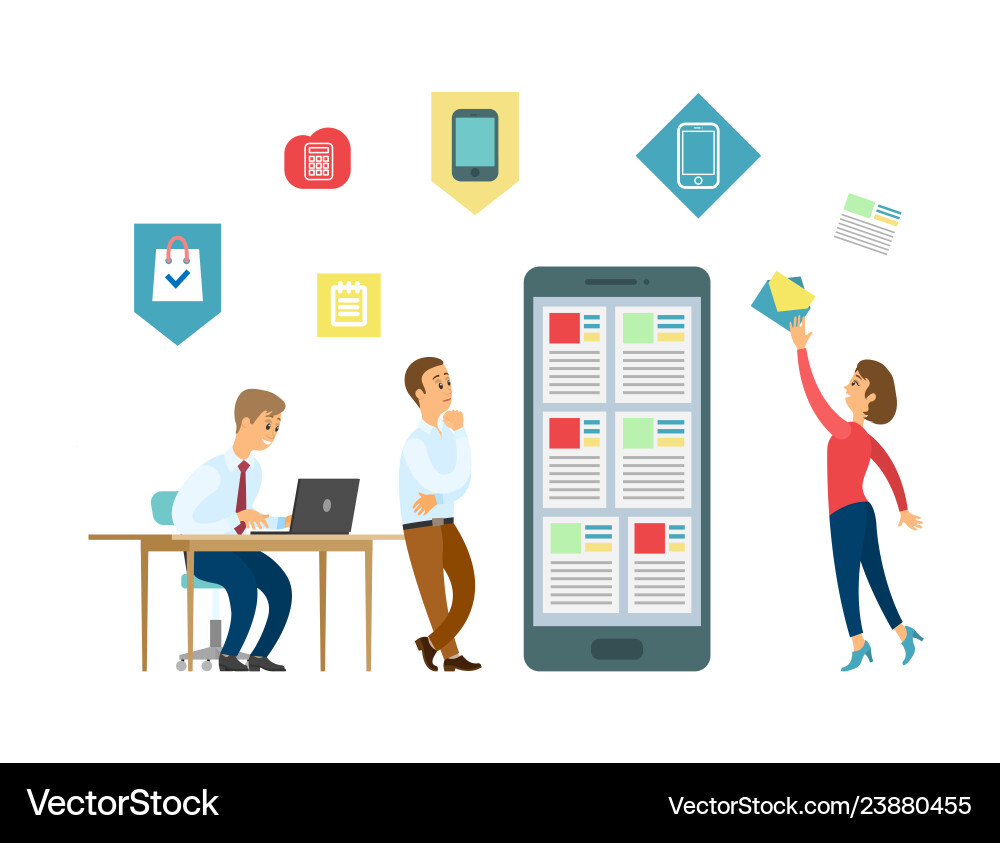 Office it workers and mobile app development Office it workers and mobile app development vector image