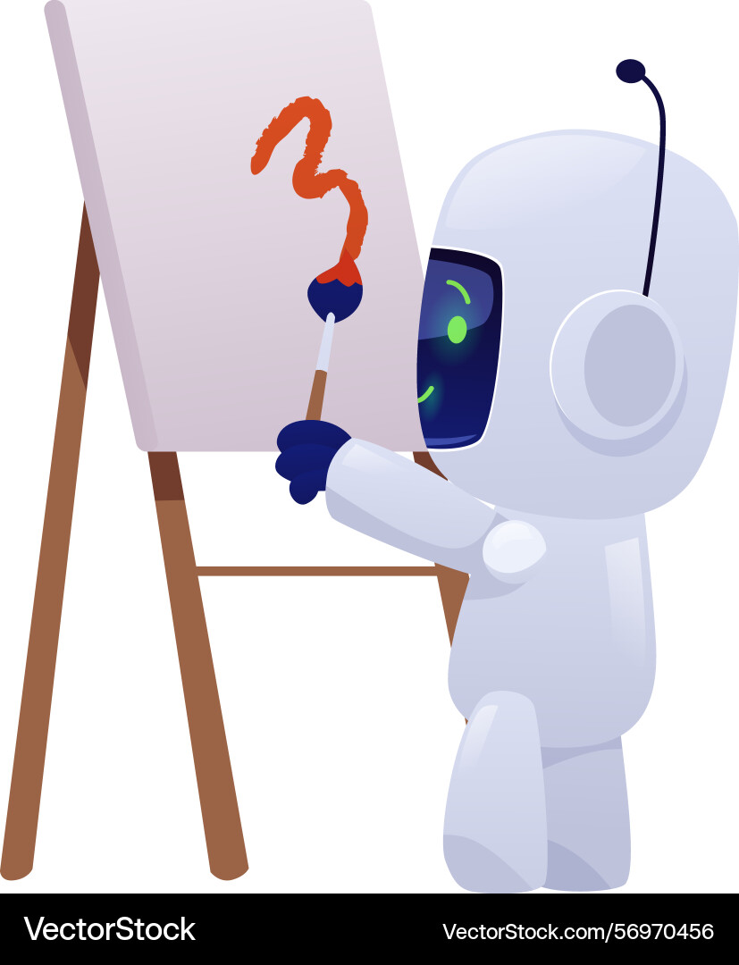 Chatbot robot paints on an easel realistic 3d Chatbot robot paints on an easel realistic 3d Vector Image