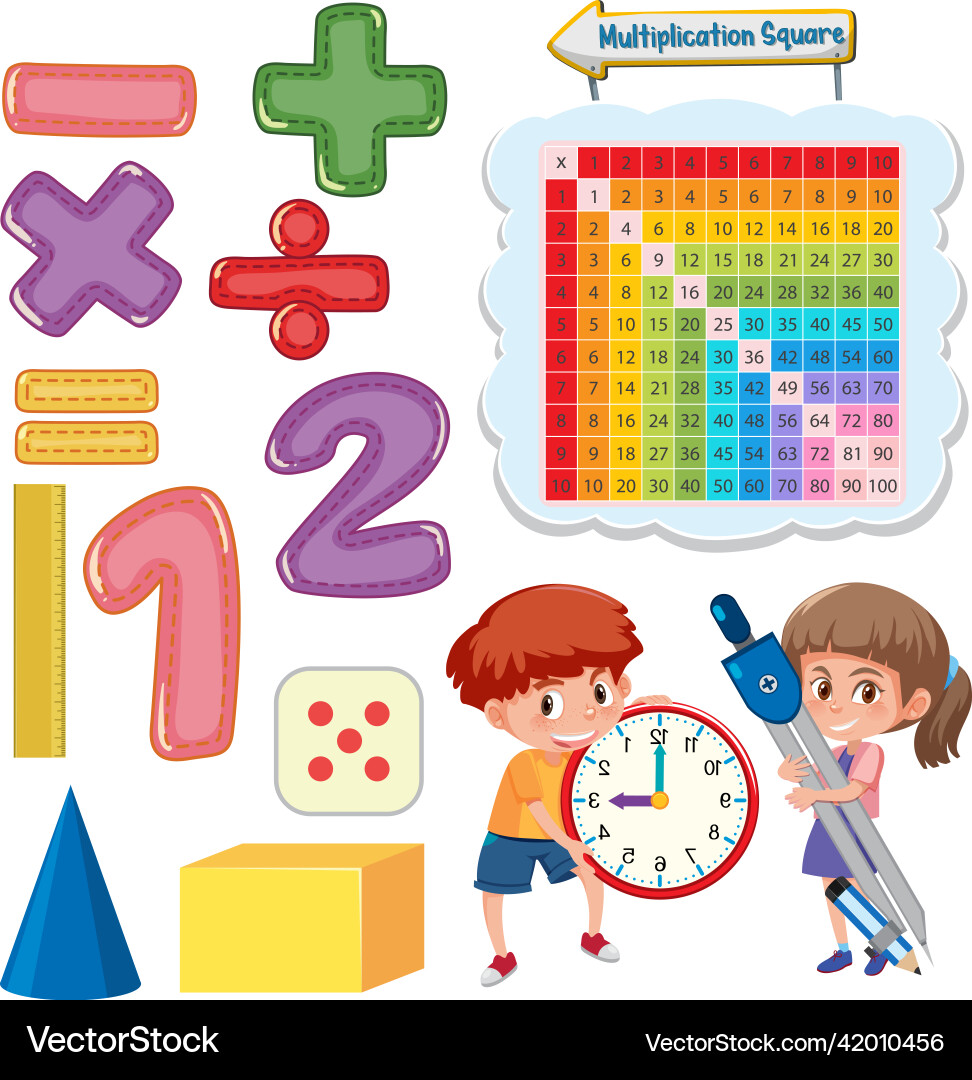 Math classroom objects with supplies and students Math classroom objects with supplies and students vector image