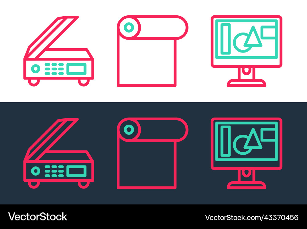 Set line computer monitor screen scanner and roll Set line computer monitor screen scanner and roll Vector Image