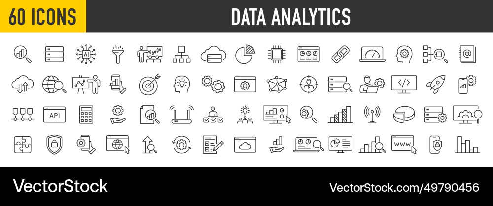 Set of 60 data analysis web icons in line style Set of 60 data analysis web icons in line style vector image