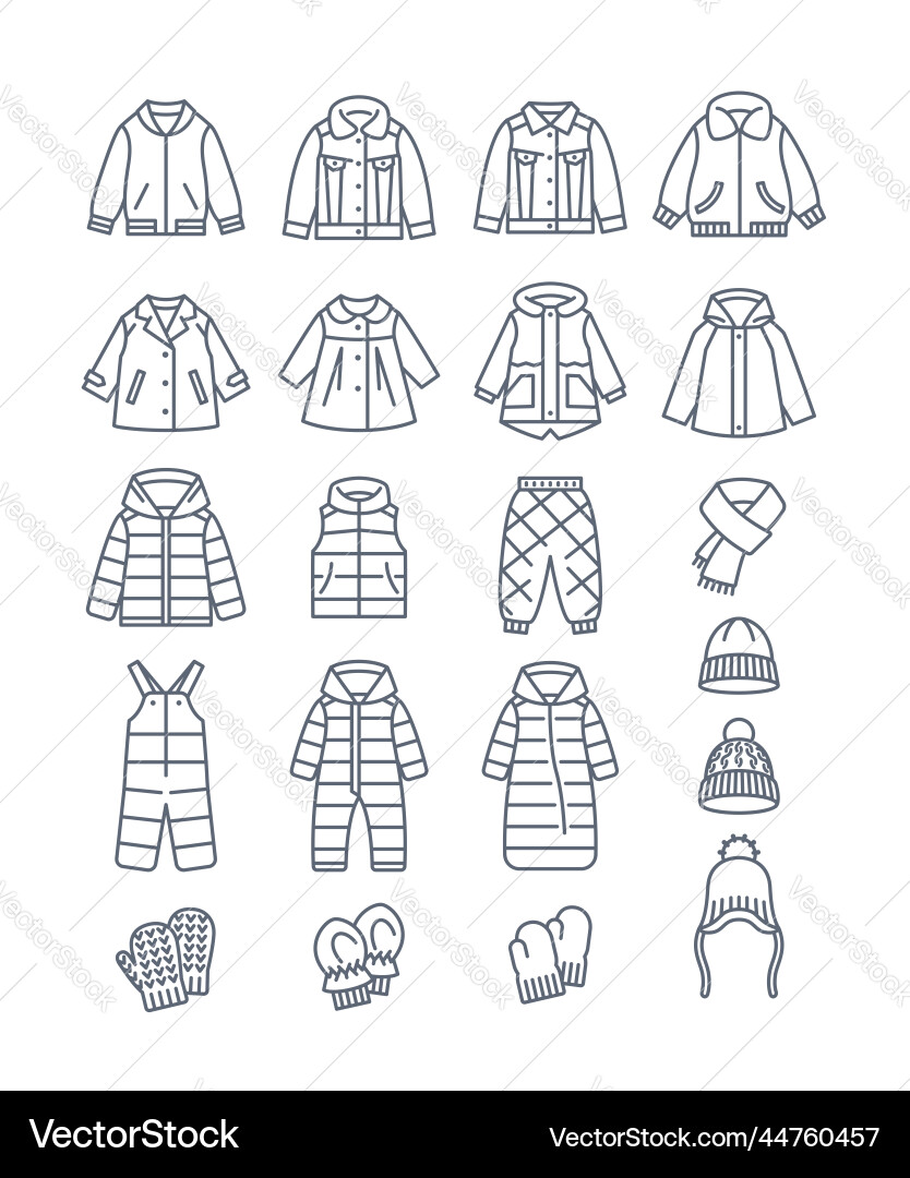 Baby outerwear jackets warm cloth thin line icons Baby outerwear jackets warm cloth thin line icons vector image