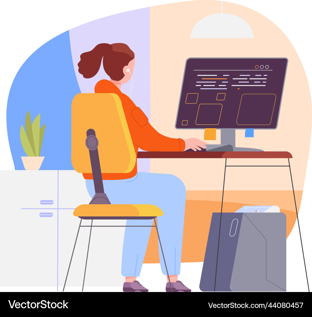 Female programmer working on computer freelancer Female programmer working on computer freelancer vector image