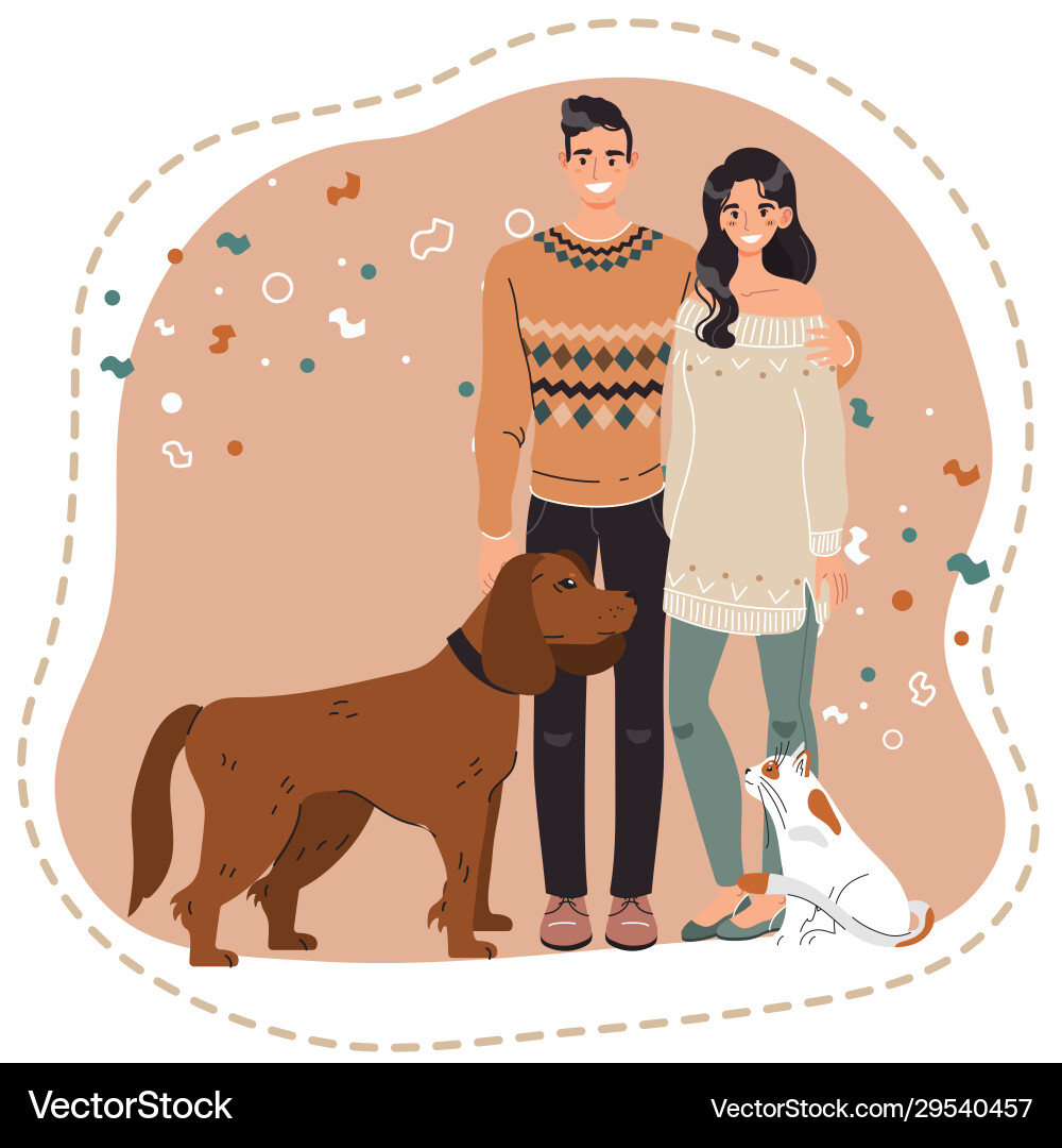 Glückliches Paar mit Haustieren Besitzer Hund und Katze Glückliches Paar mit Haustieren Besitzer Hund und Katze vektorbild