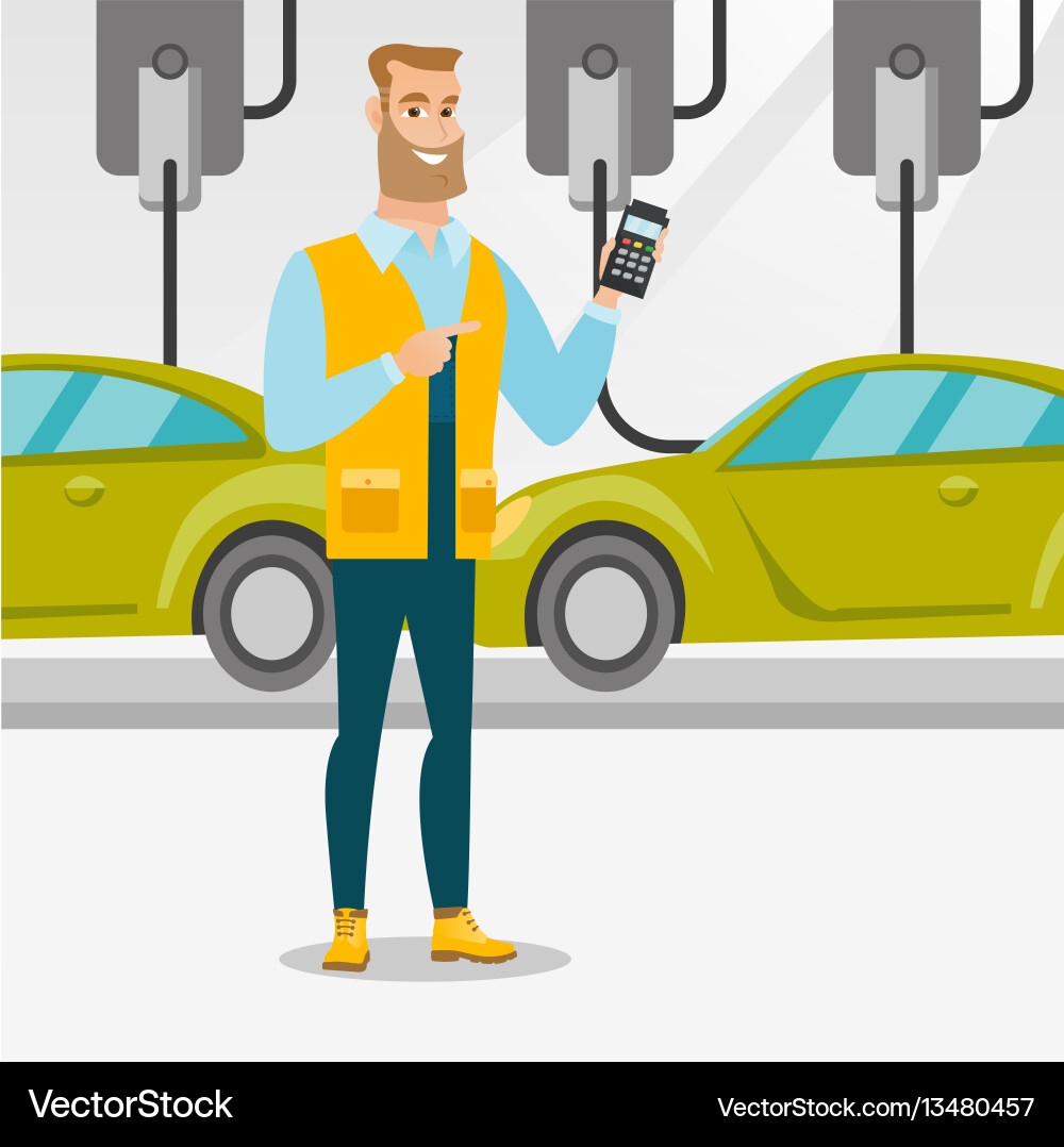 Worker controlling automated assembly line for car Worker controlling automated assembly line for car vector image