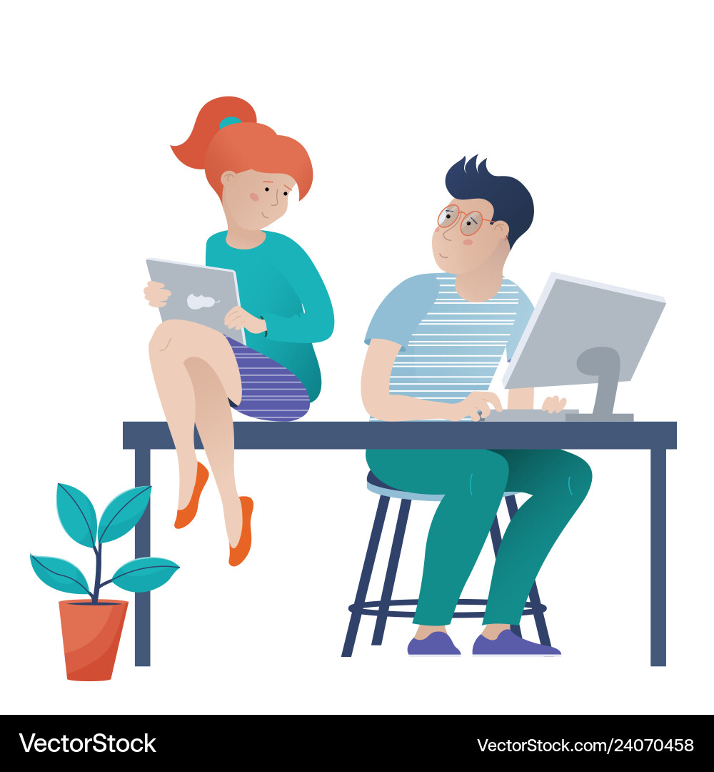 Girl with a tablet and boy working on computer Girl with a tablet and boy working on computer Vector Image