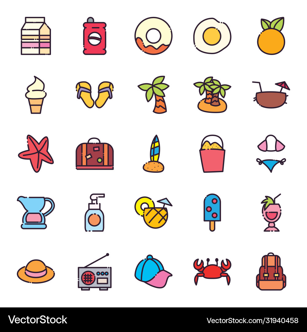 Summer fill and line style icon set design Summer fill and line style icon set design vector image