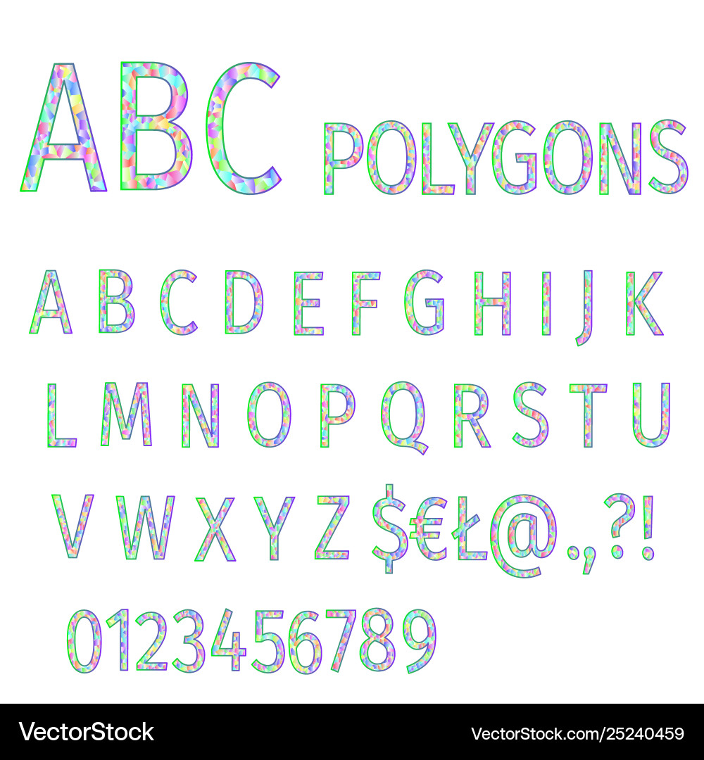 Alphabet polygons multi colored mosaic font vector image