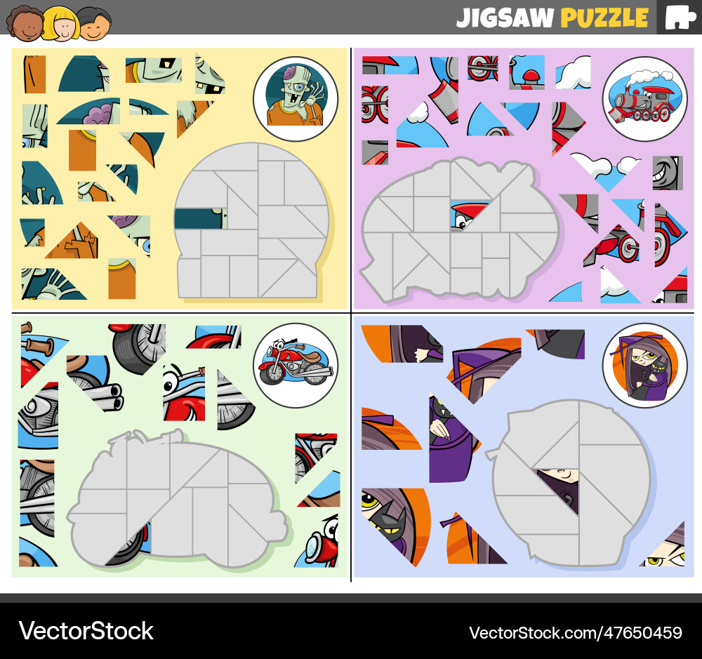 Jigsaw puzzle games set with cartoon fantasy vector image