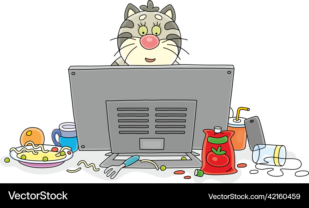 Lustiger Katzenspielzeug hinter einem Computermonitor Lustiger Katzenspielzeug hinter einem Computermonitor vektorbild