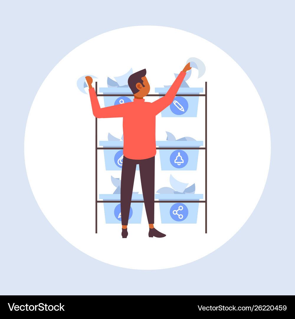 Postman putting paper letters in different baskets Postman putting paper letters in different baskets Vector Image