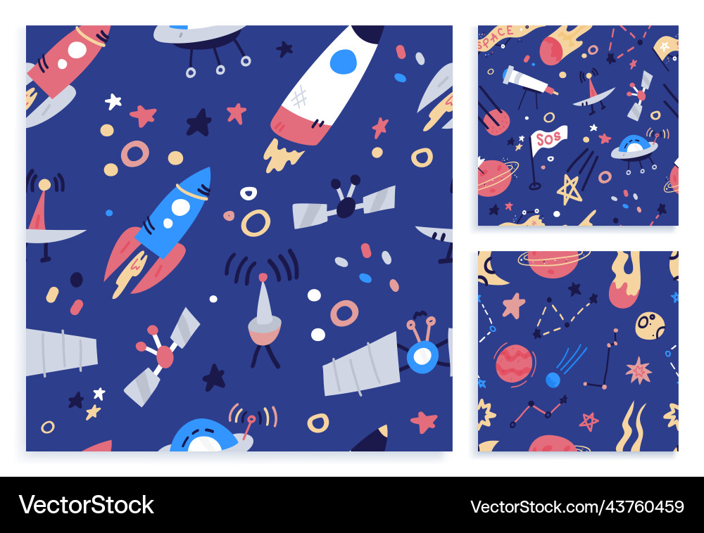 Set space seamless pattern print design flat Set space seamless pattern print design flat vector image