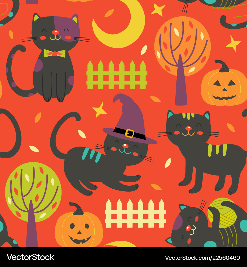 Colorful autumn seamless pattern with black cats Colorful autumn seamless pattern with black cats vector image