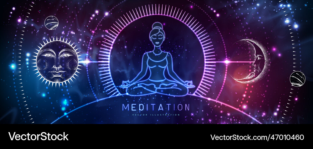 Neon silhouette of meditating woman sun and moon Neon silhouette of meditating woman sun and moon vector image