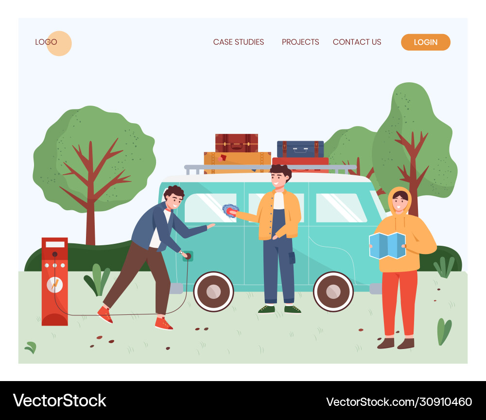 People travel electric car man charging People travel electric car man charging vector image