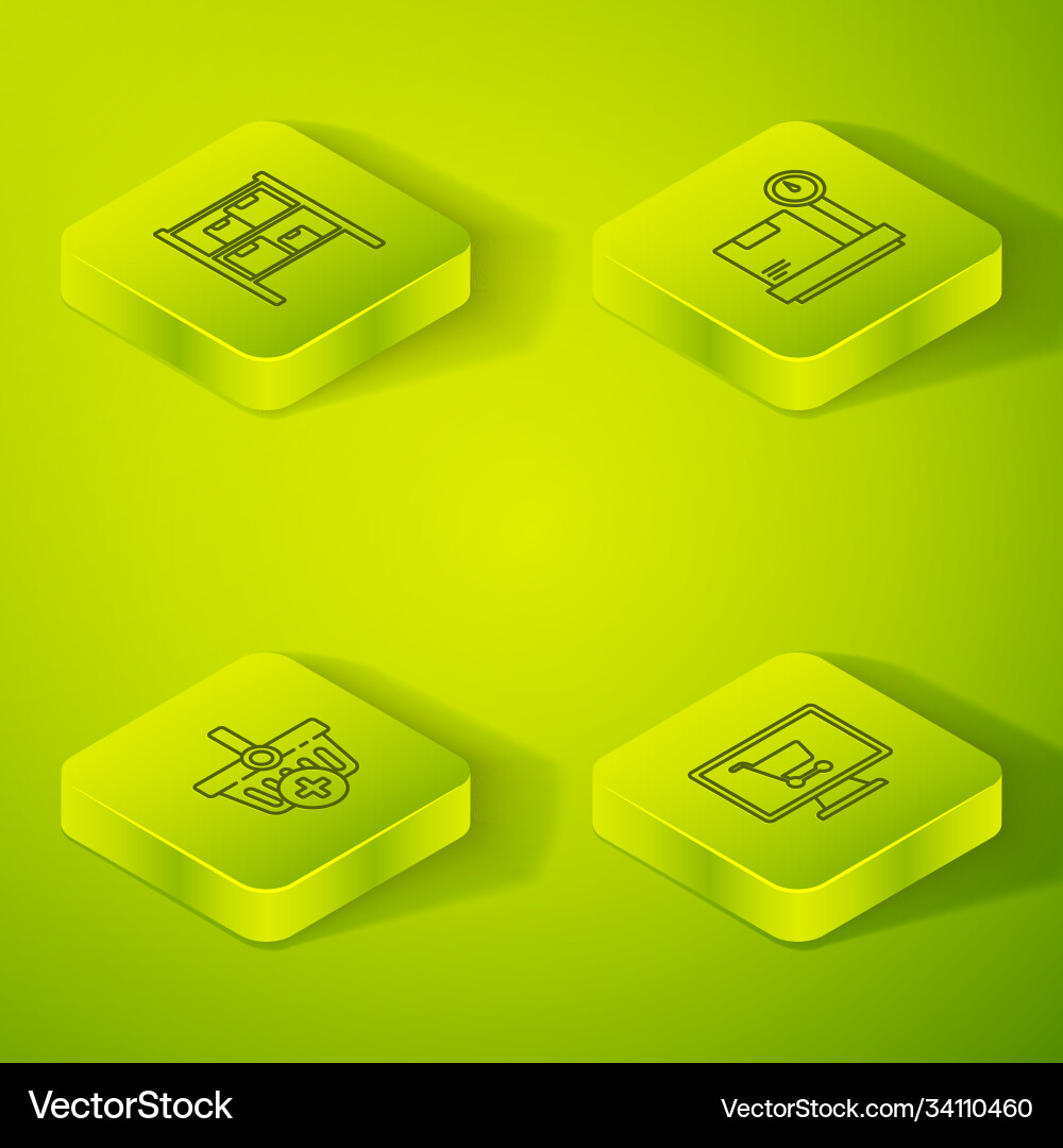 Set isometric scale with cardboard box add Set isometric scale with cardboard box add Vector Image