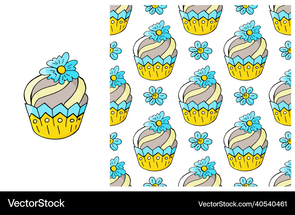Cupcake muffin set of element and seamless pattern Cupcake muffin set of element and seamless pattern vector image
