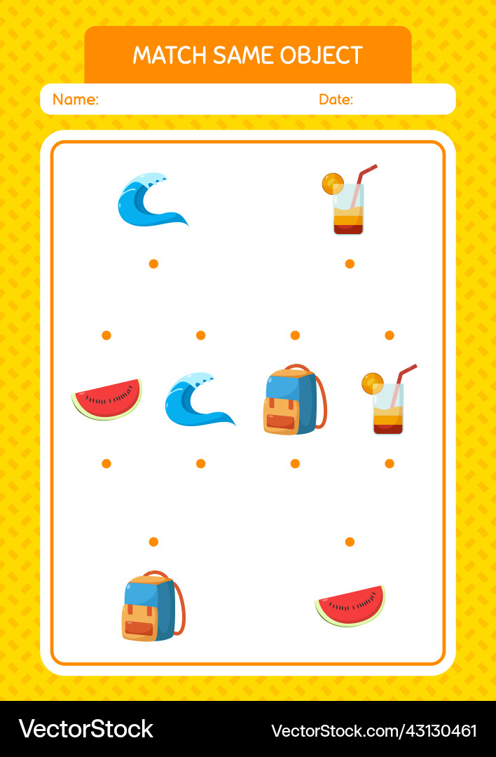 Match with same object game summer icon worksheet Match with same object game summer icon worksheet vector image