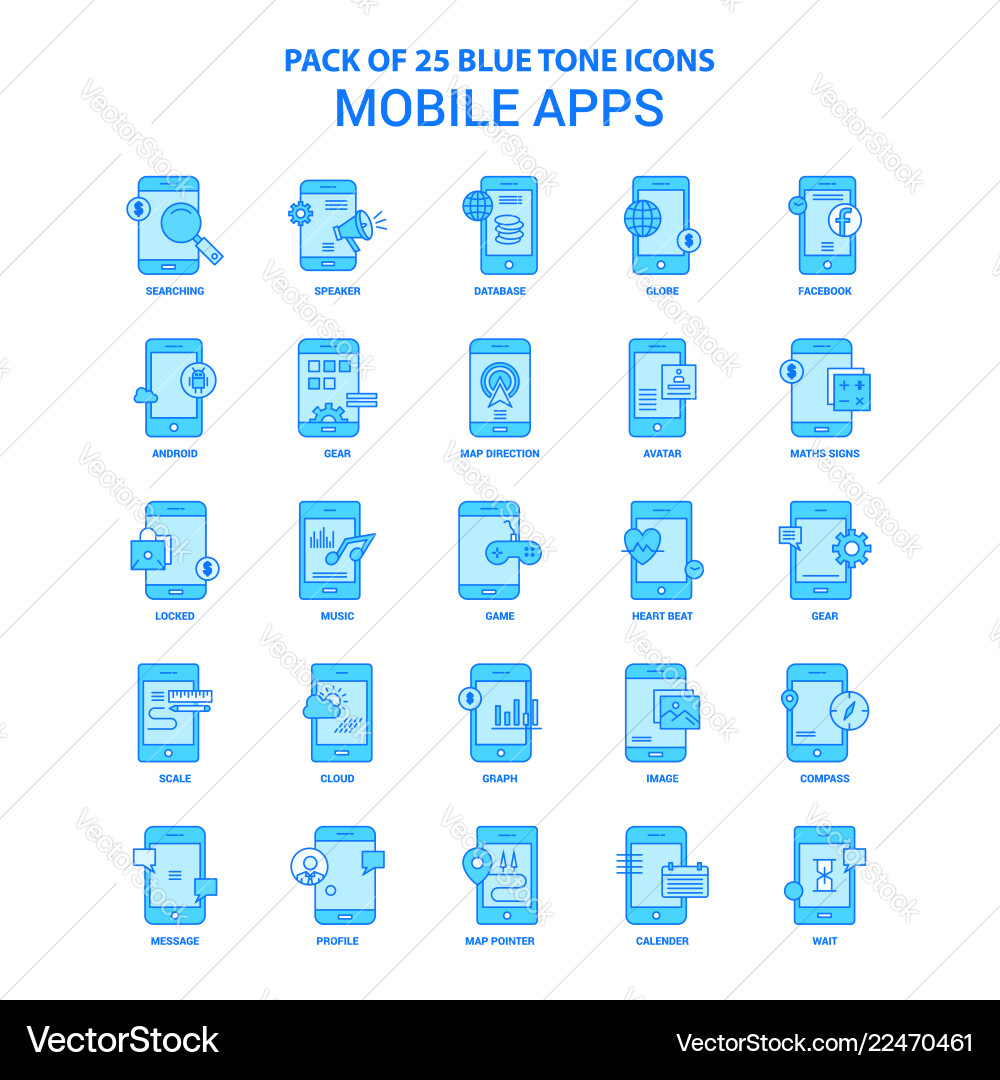 Mobile apps blue tone icon pack - 25 sets Mobile apps blue tone icon pack - 25 sets vector image