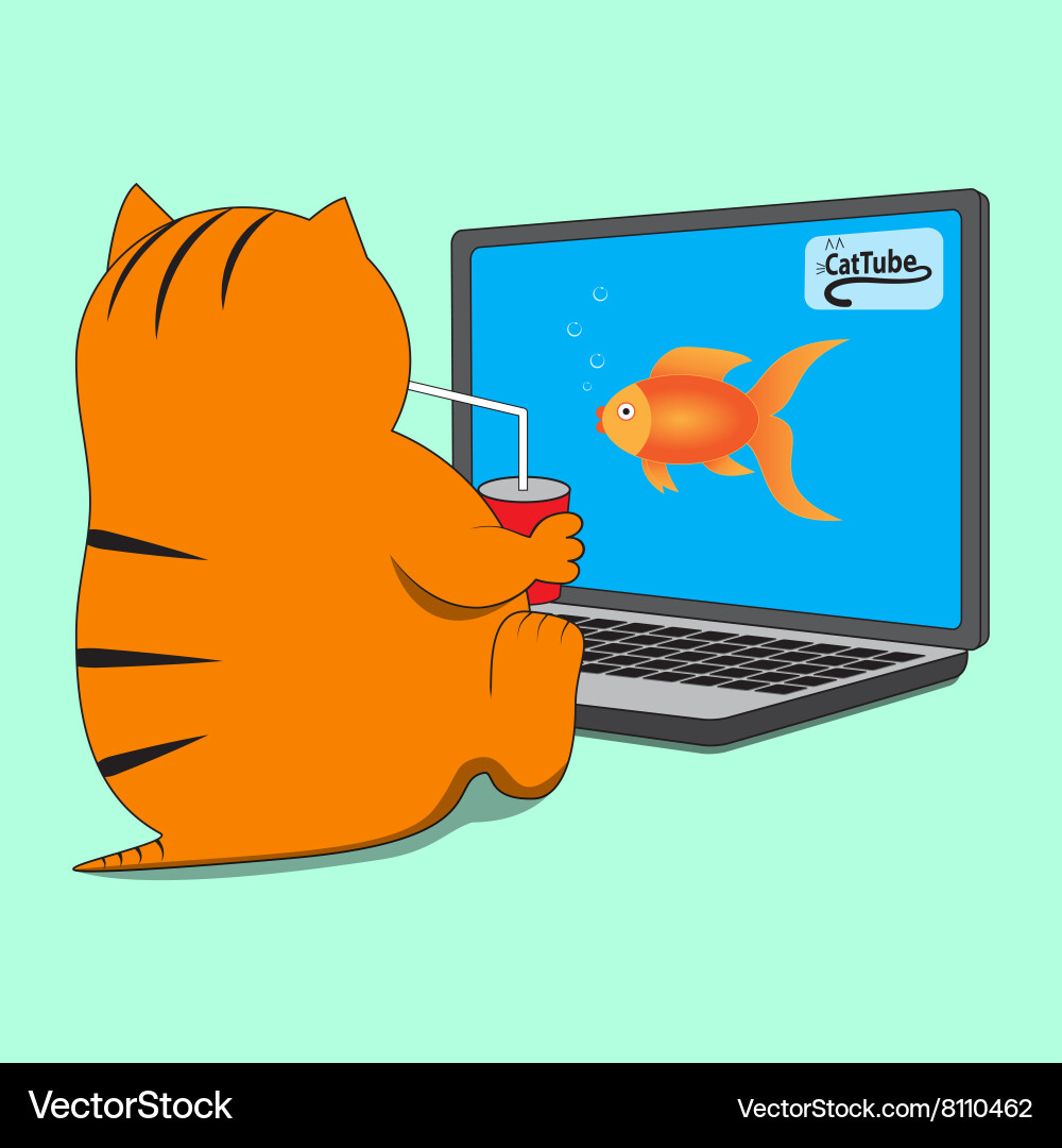 Cat sitting in front of computer with cup drink vector image