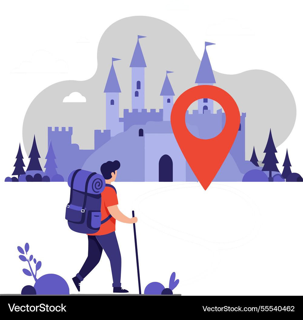 Hiker exploring a fantasy castle with location Hiker exploring a fantasy castle with location Vector Image