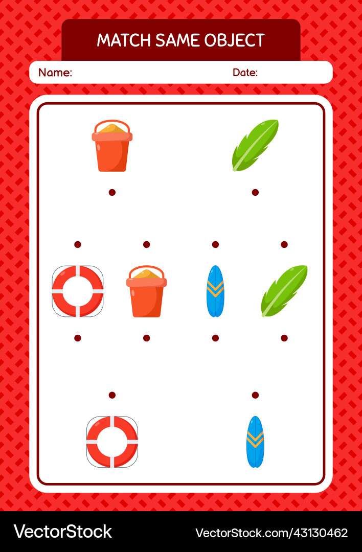 Match with same object game summer icon worksheet Match with same object game summer icon worksheet vector image